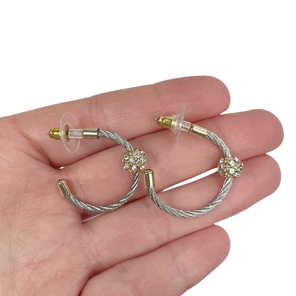 Silver & Gold Tone Twisted Cable Rhinestone Ball Pierced Half Hoops Earrings